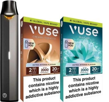 A Vuse Pro pod vape kit alongside two packs of pods