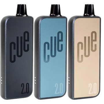 Three CUE 2.0 refillable vape kits in assorted colours on a white background