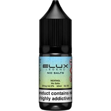 A 10ml bottle of ELUX Legend nic salts vape juice in the flavour menthol on a white background