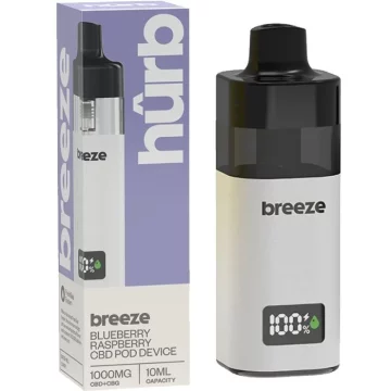 A Hûrb Breeze CBD pod kit in the flavour blueberry raspberry on a white background