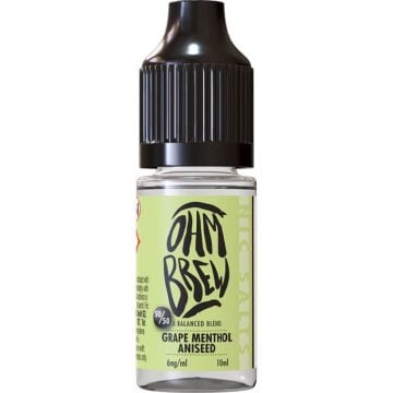 A 10ml bottle of Ohm Brew 50/50 nic salt vape juice in the flavour grape menthol aniseed on a white background