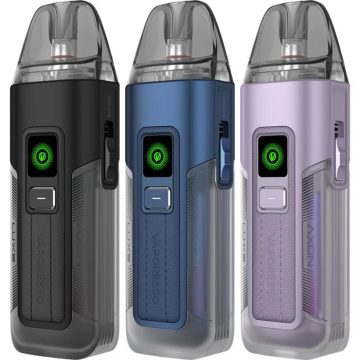 Three Vaporesso LUXE X2 refillable vape kits in assorted colours on a white background