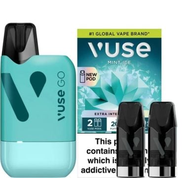 A Vuse GO Reload 1000 pod vape kit in the colour aqua alongside two prefilled pods