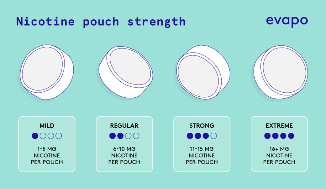 An infographic demonstrating the different nicotine strengths available for nicotine pouches