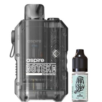 An Aspire Gotek X pod vape kit next to a 10ml bottle of Ohm Brew vape juice