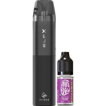 An Elf Bar ELFX pod vape kit next to a 10ml bottle of Ohm Brew vape juice