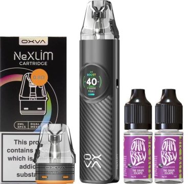 An OXVA NeXlim pod vape kit alongside a pod and two bottles of Ohm Brew vape juice