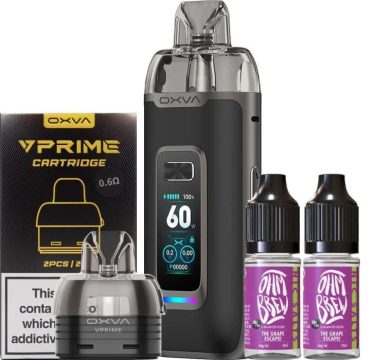 An OXVA VPrime pod vape kit alongside a pod and two bottles of Ohm Brew vape juice