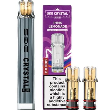 A SKE Crystal Plus pod vape kit alongside two SKE Crystal Plus pods