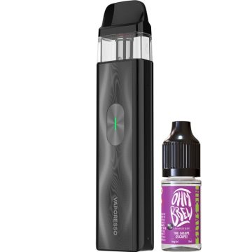 A Vaporesso XROS 4 Mini pod vape kit next to a 10ml bottle of Ohm Brew vape juice