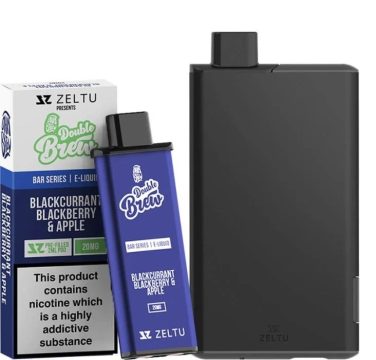 A Zeltu X3 pod vape kit alongside a Zeltu presents Double Brew pod