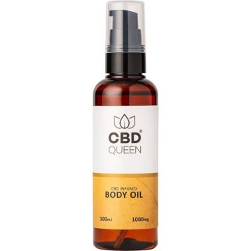 A 100ml bottle of CBD Queen CBD body oil on a white background
