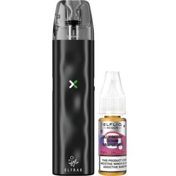A black Elf Bar ELFX Mini pod vape kit and 10ml bottle of ELFLIQ vape juice on a white background