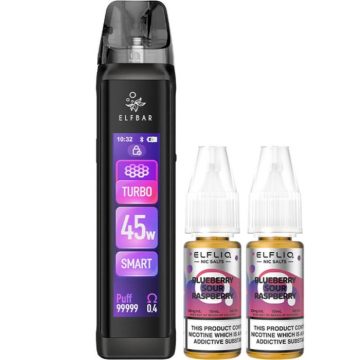 A black Elf Bar ELFX Ultra pod vape kit and two 10ml bottles of ELFLIQ vape juice on a white background