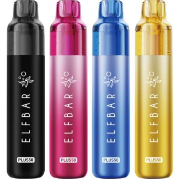 Four Elf Bar Plus 50 big puff vape kits in an assortment of colours