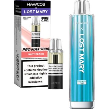 A blue Hawcos x Lost Mary Pro Max 7000 pod vape kit and pod pack on a white background