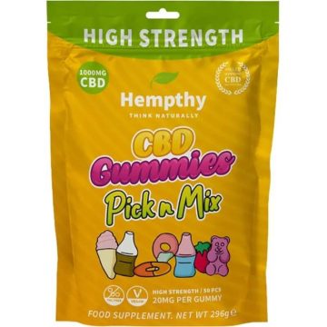 A bag of Hempthy CBD 1000mg pick n mix gummies on a white background