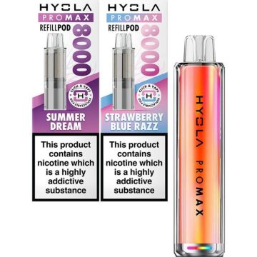 An orange Hyola Pro Max 8000 pod vape kit alongside two Hyola Pro Max 8000 pod packs on a white background