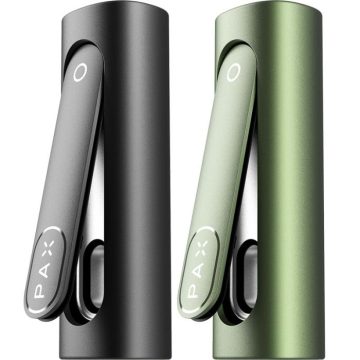 Two PAX FLOW dry herb vaporizers in black and green on a white background