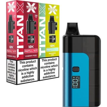 A blue Titan X pod vape kit alongside two Titan X pod packs on a white background