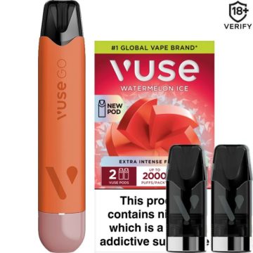 An orange Vuse Go Reload 1000 pen kit with two Vuse pods on a white background