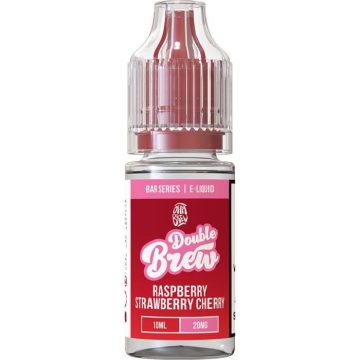 A 10ml bottle of raspberry strawberry cherry Double Brew e-liquid against a white background