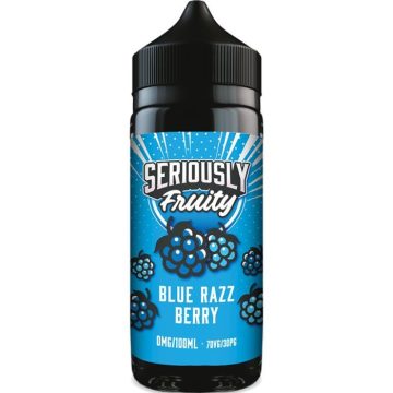 A 100ml blue razz berry Seriously shortfill e-liquid on a white background