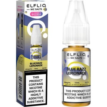 A 10ml bottle of blue razz lemonade ELFLIQ vape juice on a white background