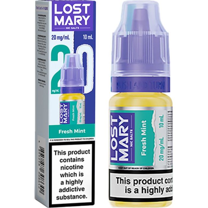 A bottle of fresh mint Lost Mary Nic Salts vape juice on a white background