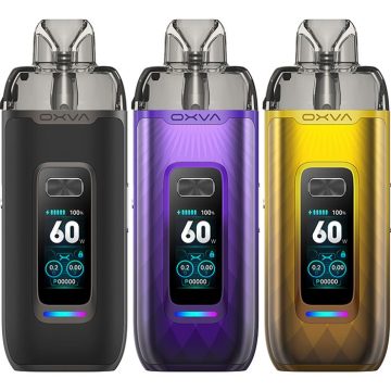 Three OXVA Vprime pod vape kits in assorted colours