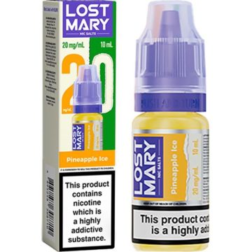 A 10ml bottle of pineapple ice Lost Mary Nic Salts vape juice on a white background