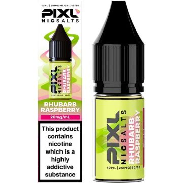 A 10ml bottle of rhubarb raspberry PIXL Nic Salts vape juice on a white background