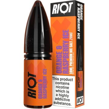 A 10ml bottle of orange & raspberry ice Riot X vape juice on a white background