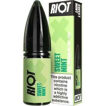 A bottle of sweet mint Riot X vape juice on a white background