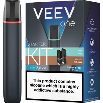 A VEEV ONE prefilled pod vape kit and starter kit box