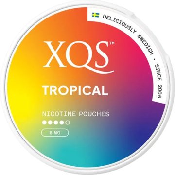 A can of tropical flavoured XQS nicotine pouches on a white background