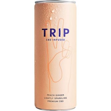 A can of peach ginger TRIP CBD drink on a white background