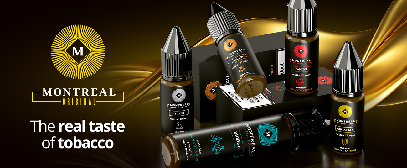 An image showing several Montreal Original e-liquid bottles on a dark black & gold background.